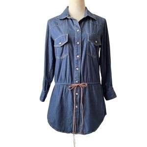 Karen Kane Blue Denim Tunic Button Down Top with Long Cuffed Sleeve for Women